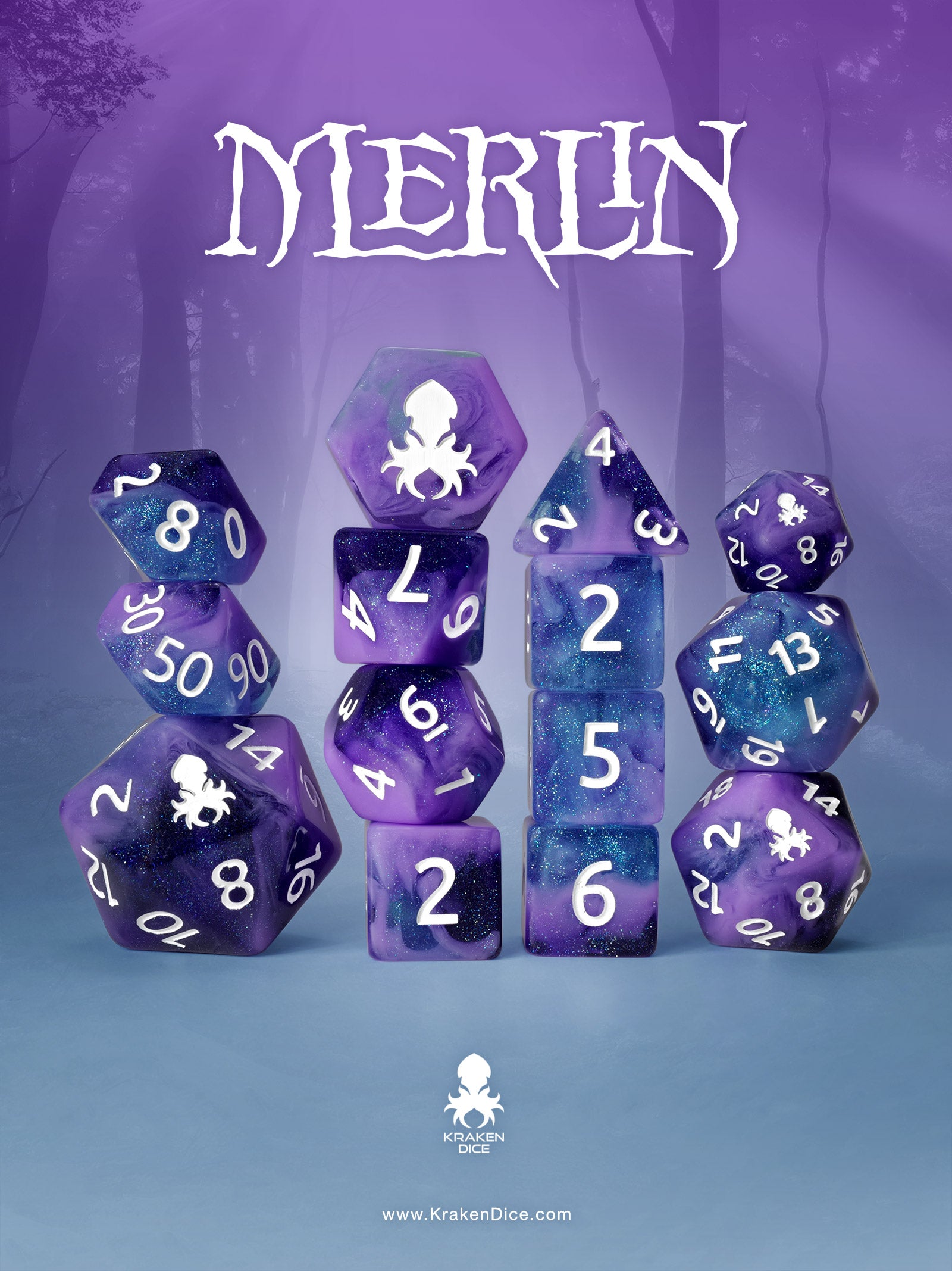 Merlin 14pc Dice Set Inked in White